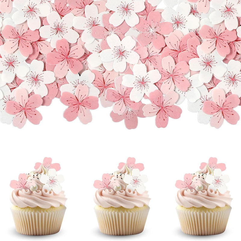 60 Pcs Edible Cherry Blossom Cake Decorations Edible Cherry Blossom Flowers Cupcake Toppers Wafer Paper Flowers Cake Topper Edible Rice Paper Cake Flowers for Birthday Party Food Decorations Supplies