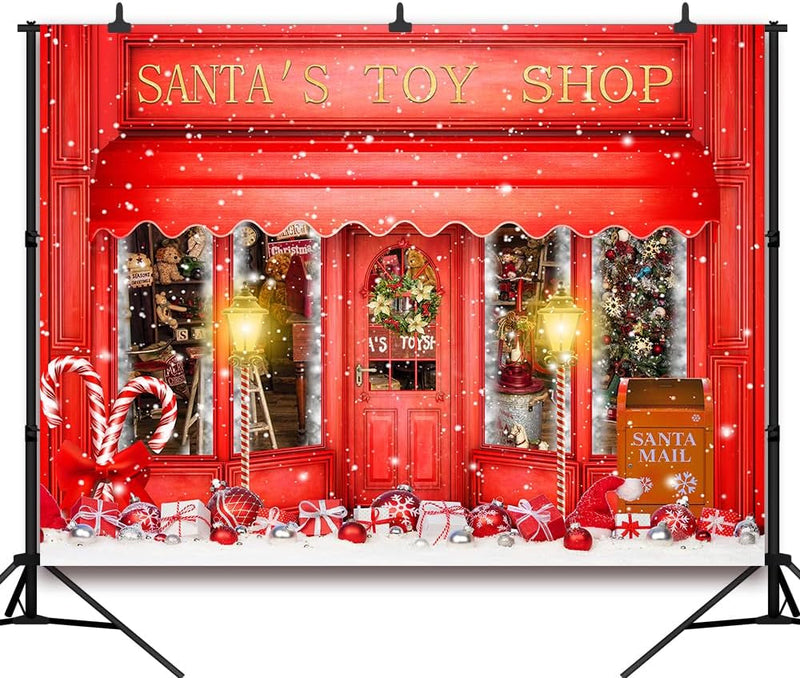 8X6FT Red Christmas Photo Backdrop Santa'S Toy Shop Candy Cane in Snow World Xmas Family Holiday Party Banner Photography Background Supplies Decor Studio Prop