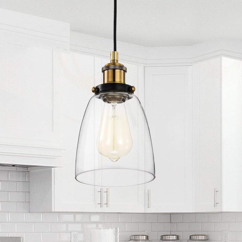 Edvivi Mateo Mini Pendant Light with Clear Glass Bell Shade, Black and Antique Brass 1-Light Modern Farmhouse Ceiling Lighting, Adjustable Hanging Industrial Lights Fixture for Kitchen Island