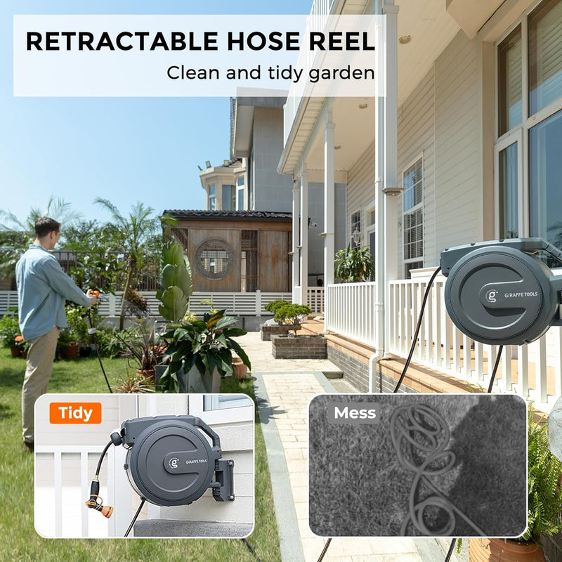 Giraffe Tools Retractable Garden Hose Reel 1/2 Inch X 130 Ft, Super Heavy Duty, Any Length Lock, Slow Return System, Wall Mounted and 180 Deg Swivel Bracket