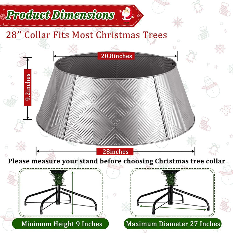 Brightever Metal Christmas Tree Skirt, 28In Diameter Christmas Tree Collar with Unique Line Pattern, Silver Tree Skirt for Pencil Tree, Christmas Tree Stand Cover for Bedroom Xmas Tree, Pets-Friendly