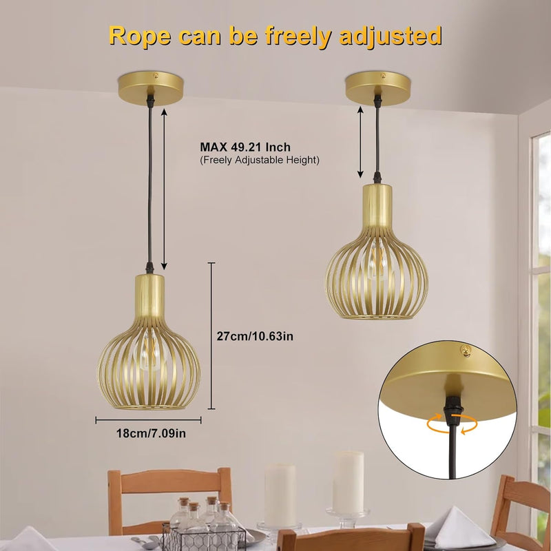 DLLT 2-Pack Gold Pendant Light Fixtures, Adjustable Pendant Lighting over Sink, Farmhouse Metal Pendant Lights Kitchen Island, Vintage Brass Hanging Light for Living Room, Dining Room, Bedroom, E26