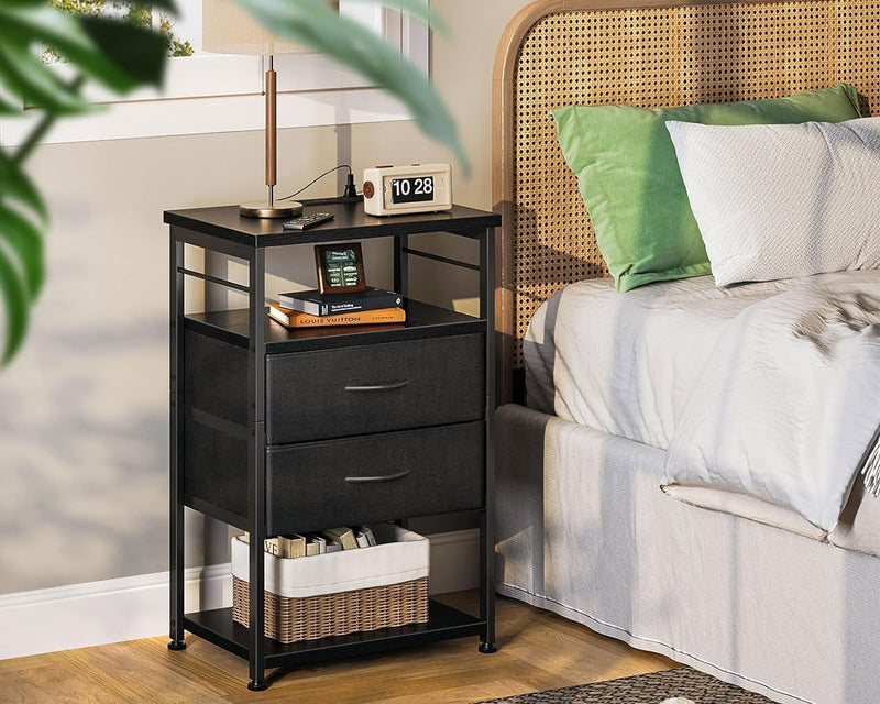 AODK Night Stand with Charging Station, End Table for Bedroom Tall Nightstand with Drawers, Small Nightstand for Bedroom, 4-Tier Storage Bedside Table, Black