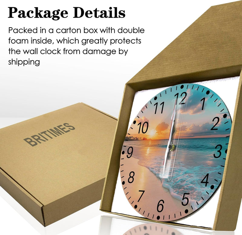 Britimes round Wall Clock Non-Ticking Silent Battery Operated Clock 10 Inch, Sea Beach Blue Sky Sand Home Decor for Living Room, Kitchen, Bedroom, and Office