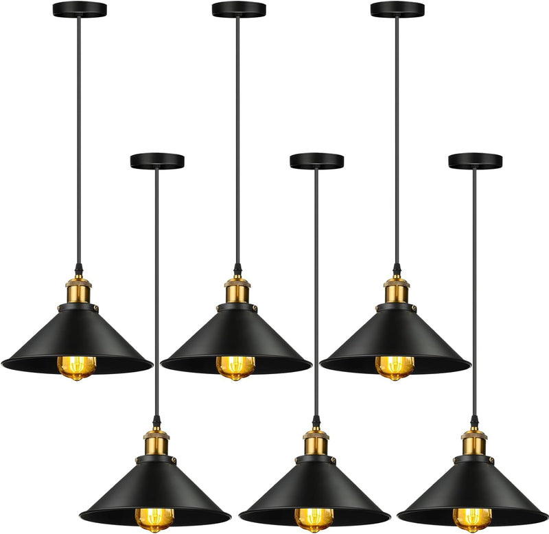 6 Pieces Industrial Pendant Lights E26 E27 Base Black Farmhouse Lampshade for Hanging Light Vintage Metal Shade Light Fixtures Barn Hanging Lighting for Kitchen Dining Room Home Bar Foyer