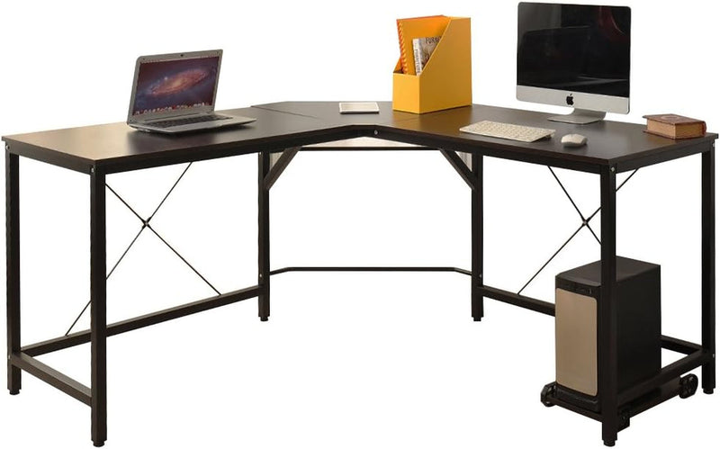 Dlandhome L-Shaped Computer Desk 59 Inches X 59 Inches, Composite Wood and Metal, Home Office PC Laptop Study Workstation Corner Table with CPU Stand, Brown Black and Black Legs, ZJ02-BB