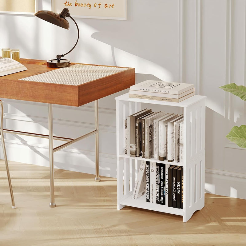 3-Tier End Table Nightstand White, Narrow Side Table with Storage Shelf, Small Bookshelf Bedside Table for Bedroom, Living Room, Office, Bathroom