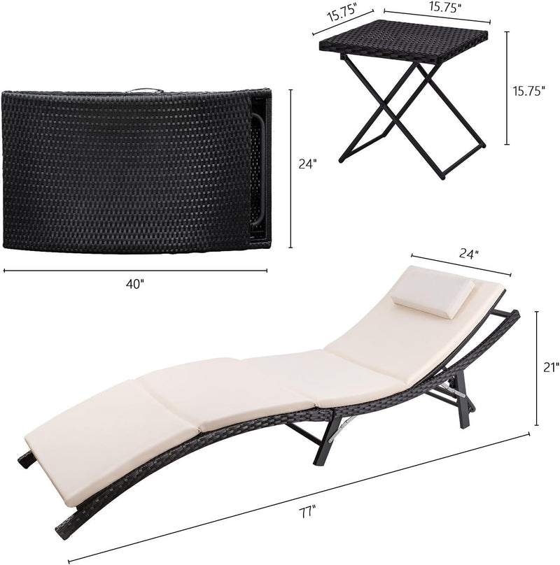 Devoko Patio Chaise Lounge Sets Outdoor Rattan Adjustable Back 3 Pieces Cushioned Patio Folding Chaise Lounge with Folding Table (Beige)