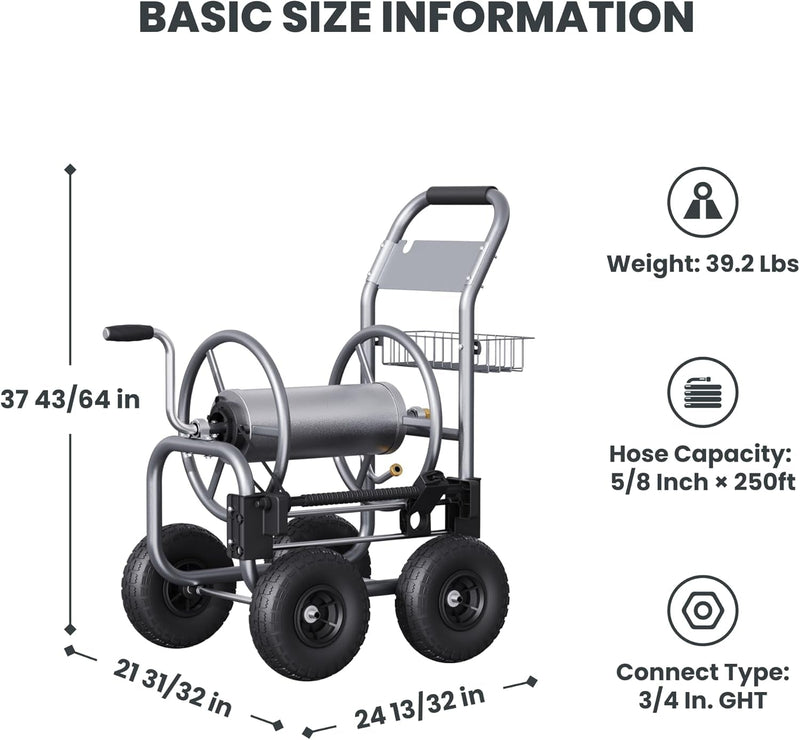 Giraffe Tools Hose Reel Cart, Hose Cart with Wheels Heavy Duty, Industrial Hose Reels for Outside, 250-Feet of 5/8" Hose Capacity, Hose Guide Pre-Installed