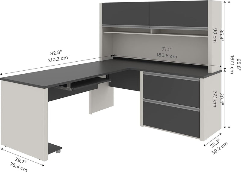 BESTAR Connexion L-Shaped Desk with Hutch and Lateral File Cabinet, 72W, Slate/Sandstone