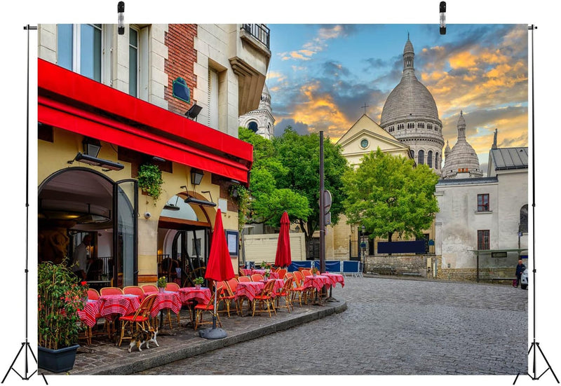 BELECO 10X6.5Ft Fabric Paris Street Cafe Backdrop for Photography Montmartre Cafe Restaurant Cathedral France Landmark Background Paris Theme Party Decorations Portrait Photoshoot Photo Studio Props