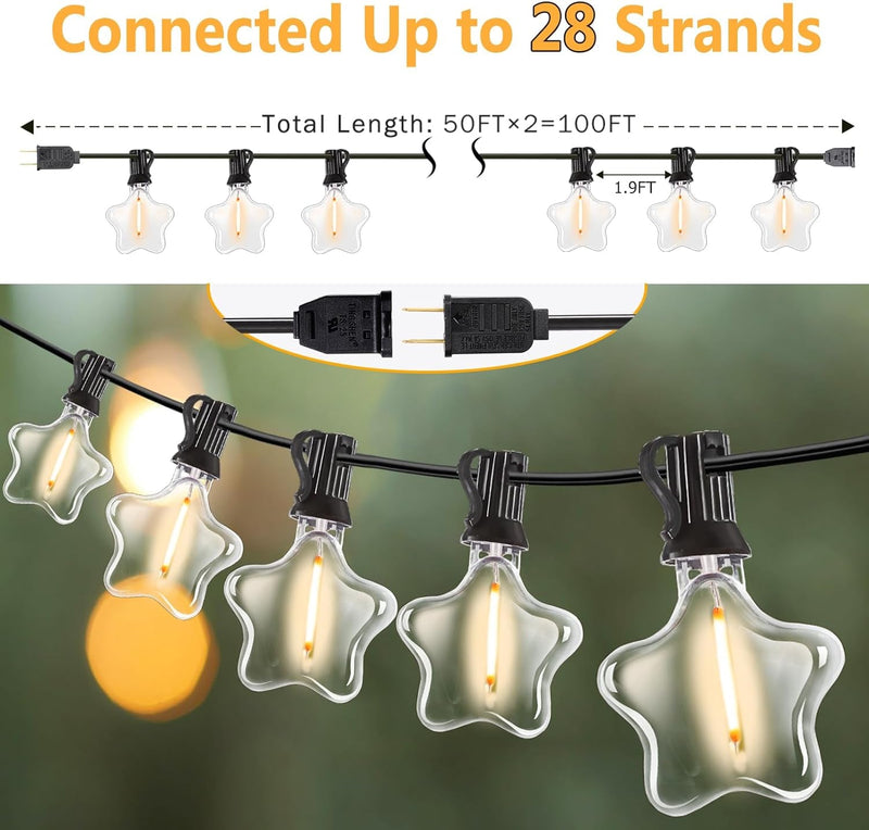 100FT Outdoor String Lights LED Patio Lights outside Waterproof Star String Lights W/ 52 Dimmable Edison Bulbs(2 Spare), Connectable Hanging Lights for Backyard Porch Christmas Party, Black(50Ft*2)