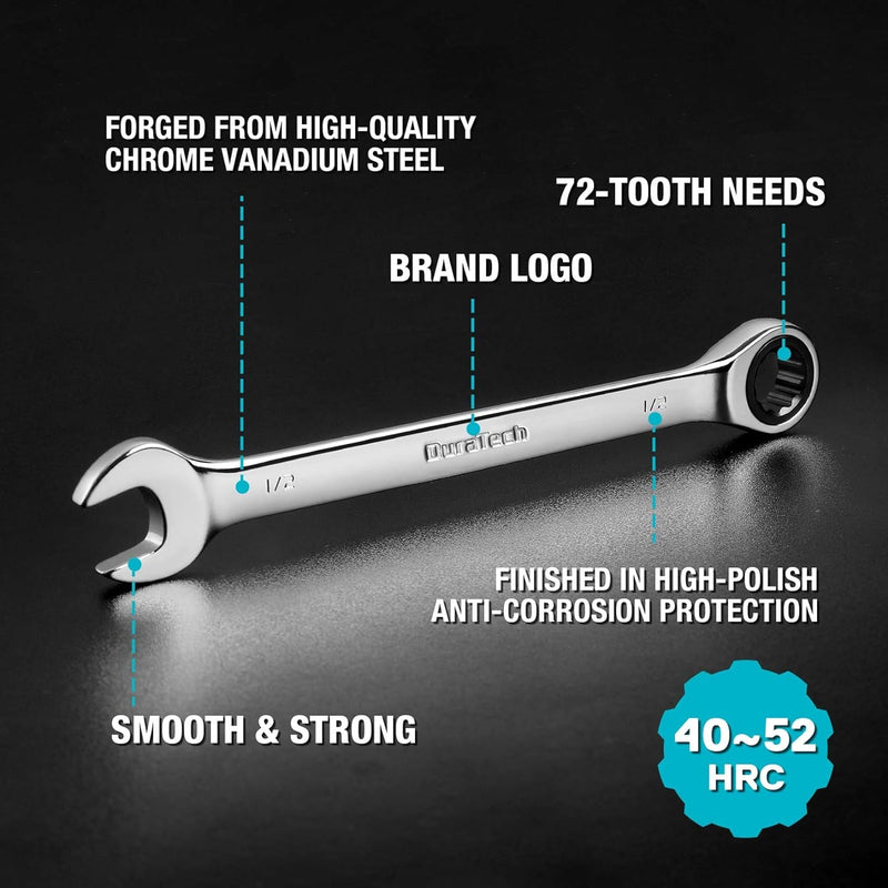 DURATECH Ratcheting Wrench Set, Combination Wrench Set, SAE & Metric, 22-Piece, 1/4" to 3/4" & 6-18Mm, CR-V Steel, with Pouch