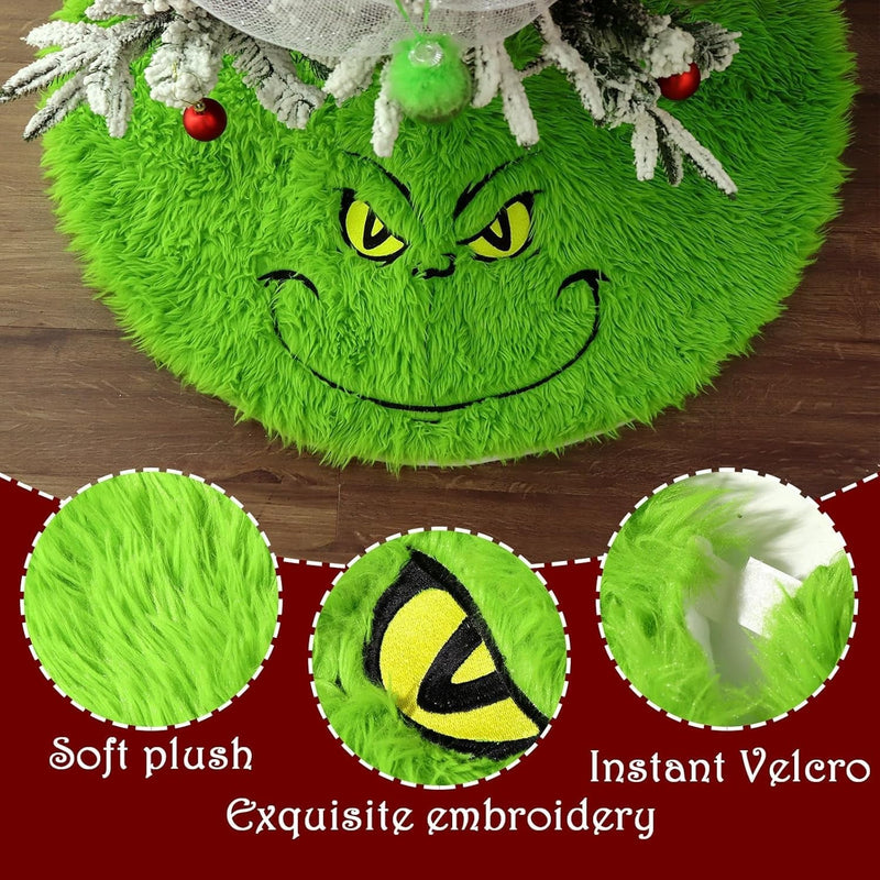 Christmas Tree Skirt: 36 Inch Faux Fur Christmas Spirit Tree Skirt with Funny Green Face, Lush Green Fuzzy Textured Tree Dress, Soft Christmas Décor for Artificial Trees Home Gifts Party