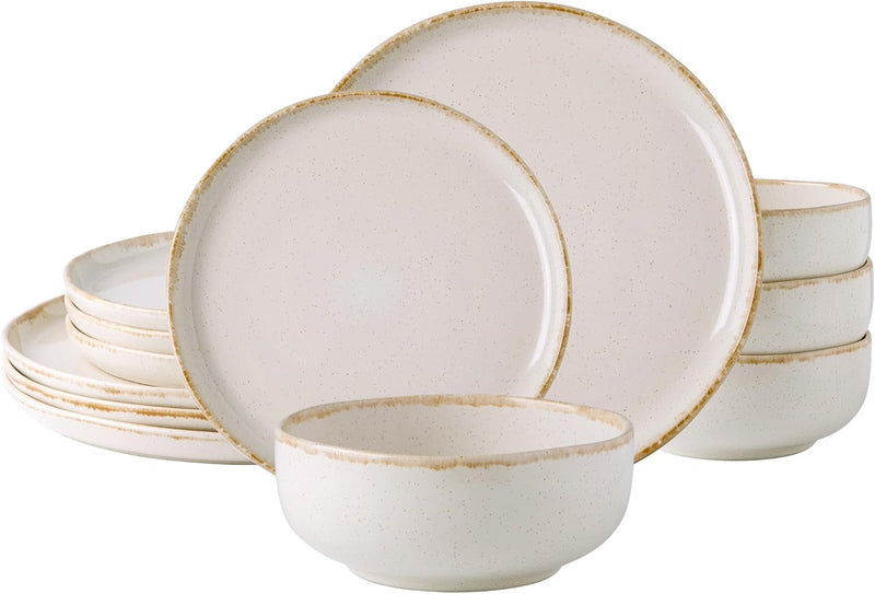 Amorarc Ceramic Dinnerware Sets, Wavy Rim Stoneware Plates and Bowls Sets, Highly Chip and Crack Resistant | Dishwasher & Microwave & Oven Safe Dishes Set, Service for 4 (12Pc)-Matte Speckled White