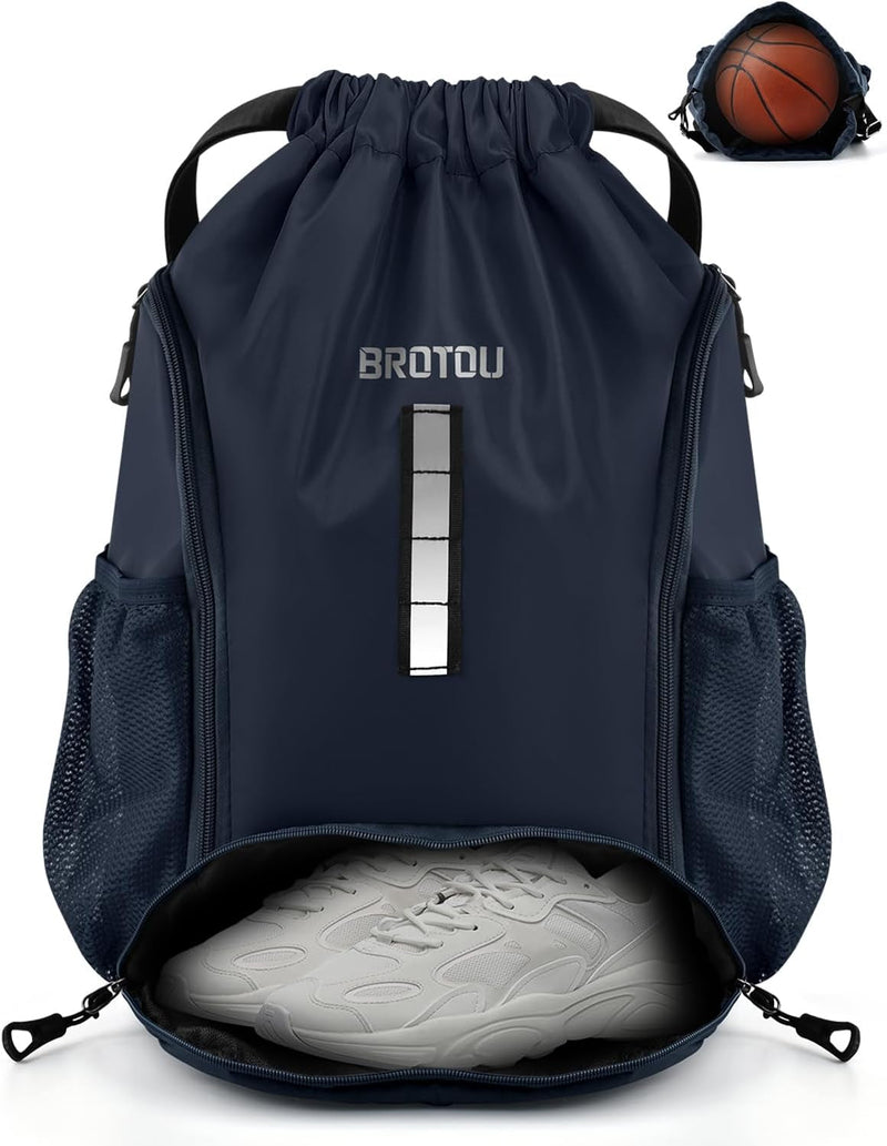 BROTOU Soccer Drawstring Backpack, Basketball Bag, Volleyball Football Bags with Ball and Shoe Compartment