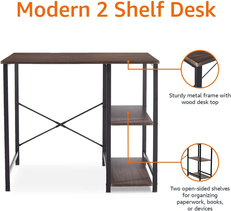 Computer Desk with 2-Tier Storage Shelves under Desk Reversible, Home Office Gaming Desk Study Writing Laptop Table for Small Place, Espresso Black