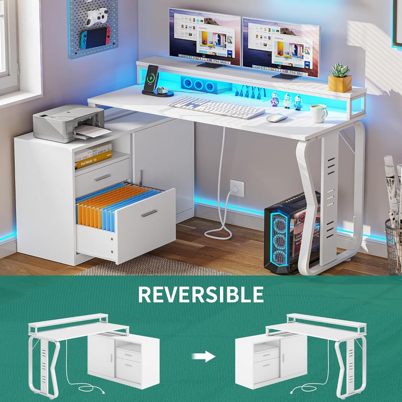 DWVO Reversible L Shaped Desk with Drawers, 55" Corner Computer Desk with Power Outlets, Home Office Desk with Sliding Door & LED Lights, White