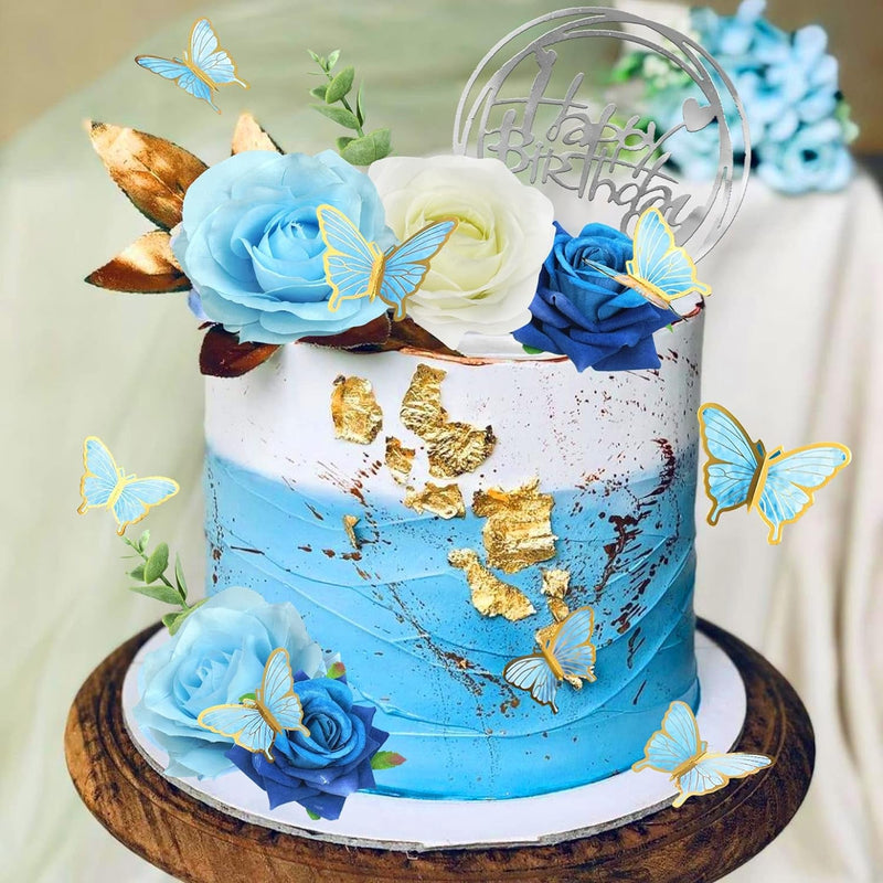 19 PCS Flower Cake Toppers Butterfly Happy Birthday Cake Decorations with Artificial Blue Rose Flowers Eucalyptus Butterflies for Party Wedding Baby Shower Supplies (Blue)