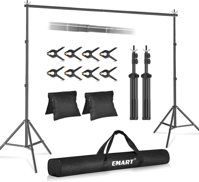 EMART Backdrop Stand 10X7.8Ft(Wxh) Photo Studio Adjustable Background Stand Support Kit with 2 Crossbars, 6 Backdrop Clamps,2 Sandbags and Carrying Bag for Parties Events Decoration