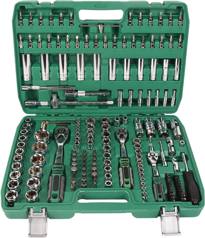 216-Piece Mechanics Tool Set, 1/4" & 3/8" & 1/2" Drive, Socket Wrench Set Metric CR-V for Universal Professional Mechanics, DIY Enthusiasts, Auto and Household Repairing