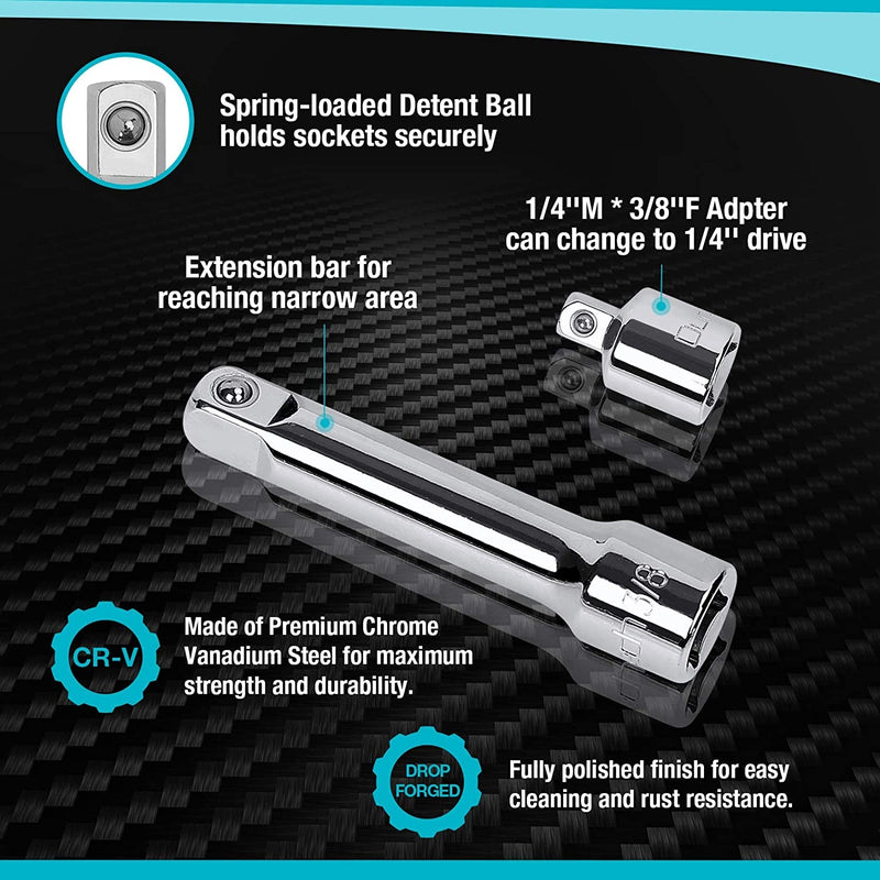 DURATECH 3/8" & 1/4" Socket Set, 30 Piece Standard (SAE) and Metric Sockets for Mechanics,90 Tooth Quick-Release Ratchet, Socket Adapters and Extension Bar Included