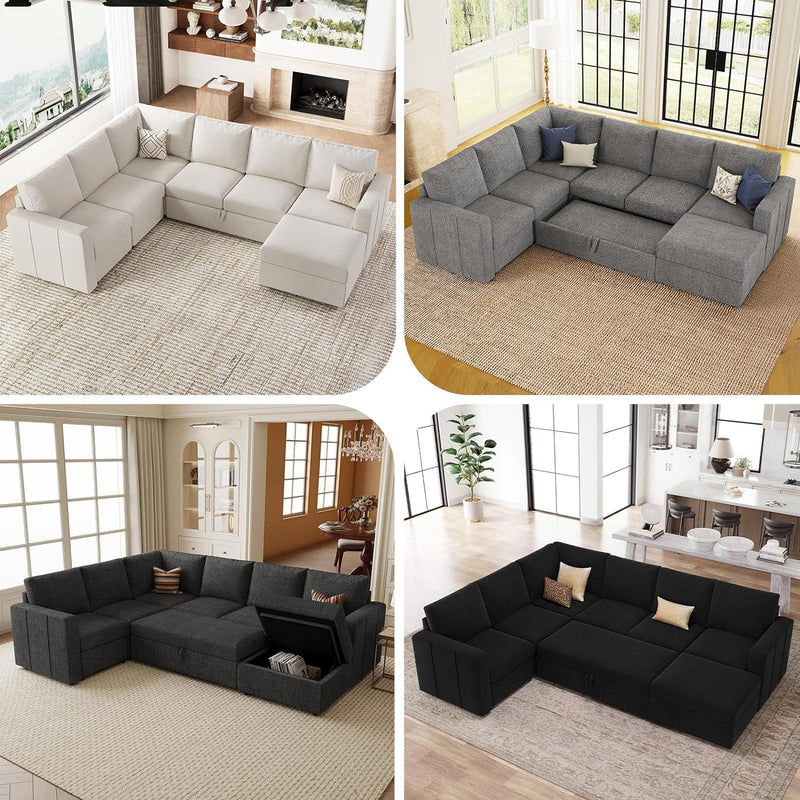 Belffin Modular Sectional Sleeper Sofa with Pull Out Bed and Storage Ottoman U Shape Sleeper Sectional Couch Oversized Convertible 7-Seater Sofa for Living Room Grey
