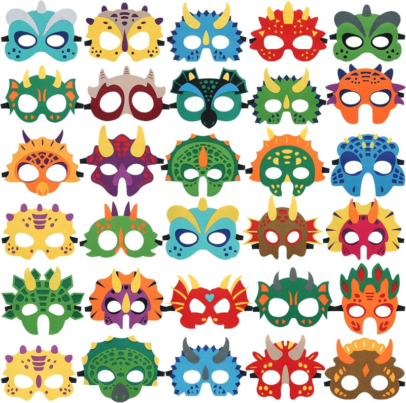 30 Pcs Dinosaur Party Decorations Packs- Felt Dinosaur Masks for Kids, Dino Mask Birthday Party Decorations and Dinosaur Party Favors Supplies