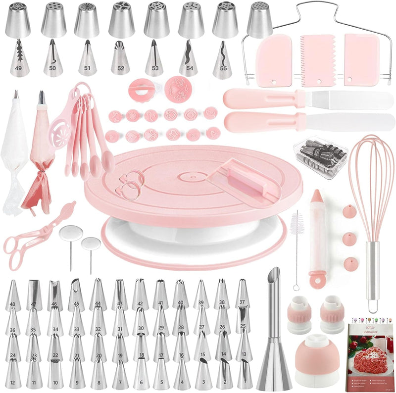 Cake Decorating Supplies Kit with Ebook, Cake Turntable for Decorating, 64 Icing Ping Tips, 32 Piping Bags,3 Icing Scrapers, 2 Spatulas, 14 Fondant Mould, Cake Leveler for Baking Beginners