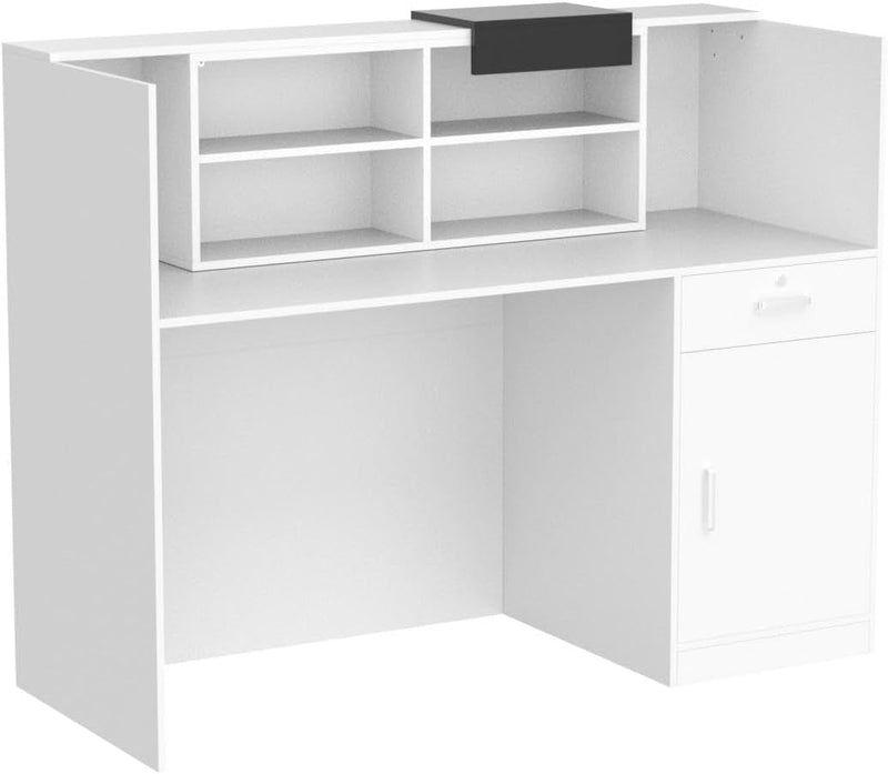 Homsee Modern Reception Desk Counter with Hutch, Adjustable Storage Cube, Lockable Drawer & 1 Door Cabinet, Office Wooden Computer Desk Reception Table, White and Black