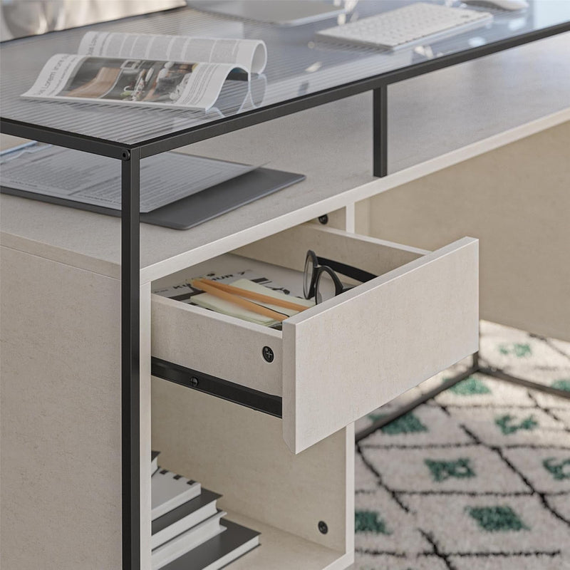 Ameriwood Home Camley Desk with Fluted Glass Top 2 Drawers and Storage, Plaster