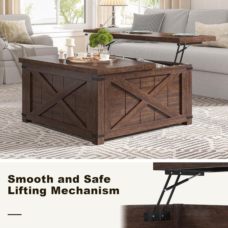 Enhomee 35.6" W Farmhouse Coffee Table with Large Hidden Storage Compartment Lift Top Coffee Table Wood Square Coffee Table for Living Room Center Table for Home, Brown