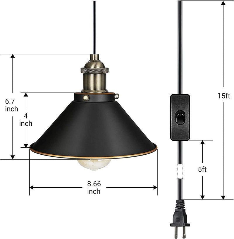 DEWENWILS 2-Pack Plug in Pendant Light, Farmhouse Hanging Lamp, Industrial Hanging Light with 15FT Cord, Black Retro Pure Copper Swag Lamp for Kitchen Sink, Living Room, Bedroom, Dinning Hall