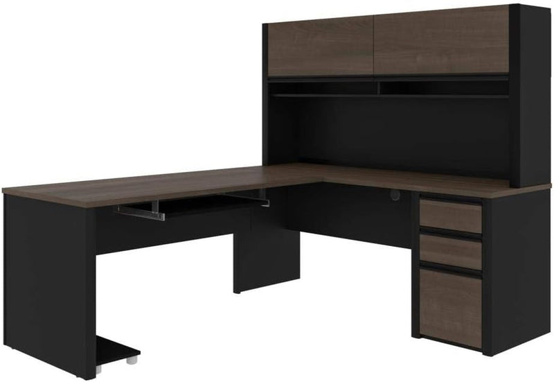 Bestar Connexion L-Shaped Desk with Hutch and Pedestal, 72W, Antigua & Black
