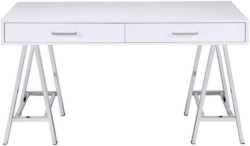 Desk in White High Gloss Chrome for Office Study Bedroom Modern Contemporary Rectangular Wood Finish Drawers