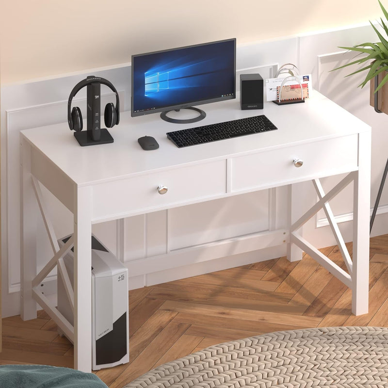 Edmaxwell Wiberwi Home Office Desk with Drawers White Modern Writing Computer Desk, Small Makeup Vanity Table Desk for Bedroom, Study Table for Home Office