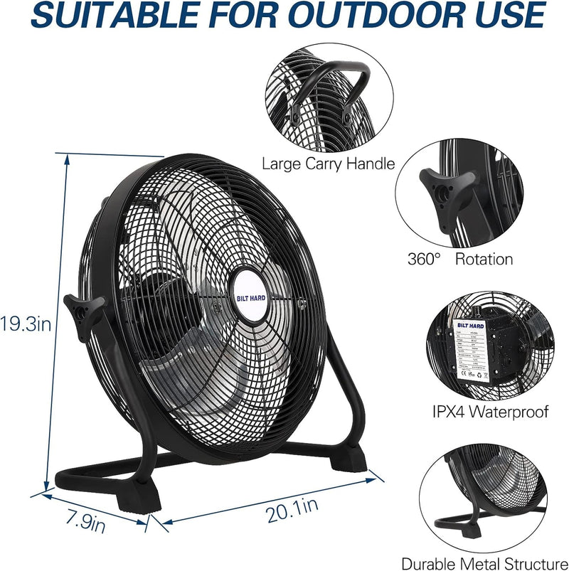 16 Inch Rechargeable Battery Operated Outdoor Floor Fan, 15600Mah Battery Powered High Velocity Portable Fan with Metal Blade, Run All Day, USB Output for Travel, Camping, Backyard