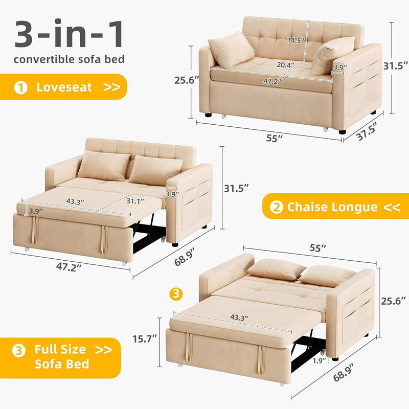 DWVO 55" Futon Couch, 3-In-1 Futon Sleeper with Pull-Out Bed, Convertible Sofa Bed with Adjustable Backrest and Side Pocket, Modern Loveseat Sleeper for Living Room, Beige Velvet, Full Size