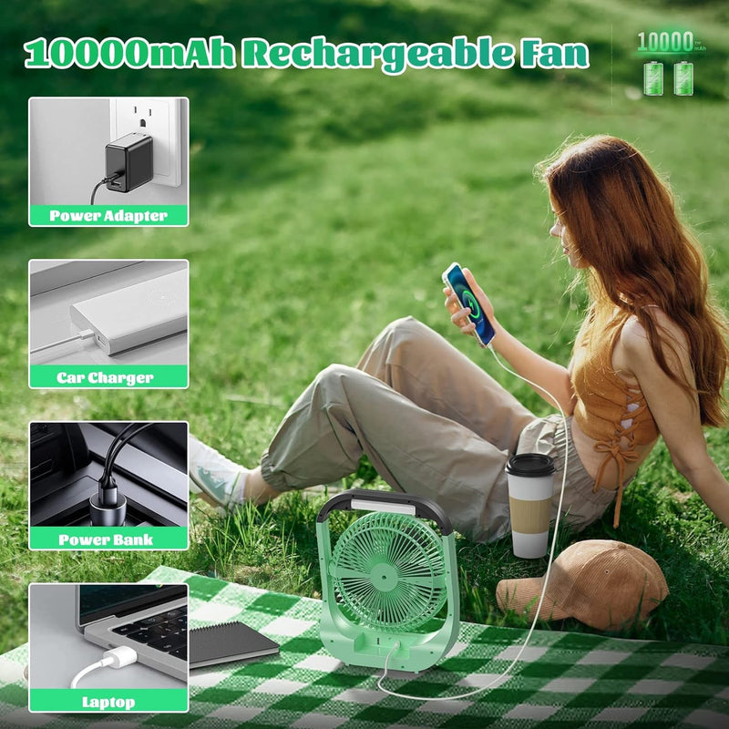 Atengeus USB Desk Fan, 10000Mah Rechargeable Battery Operated Fan, 4 Speeds Table Fan, 8“ Camping Fan, 180°Rotation, LED Light, Timer, Portable Fan for Camping,Traveling