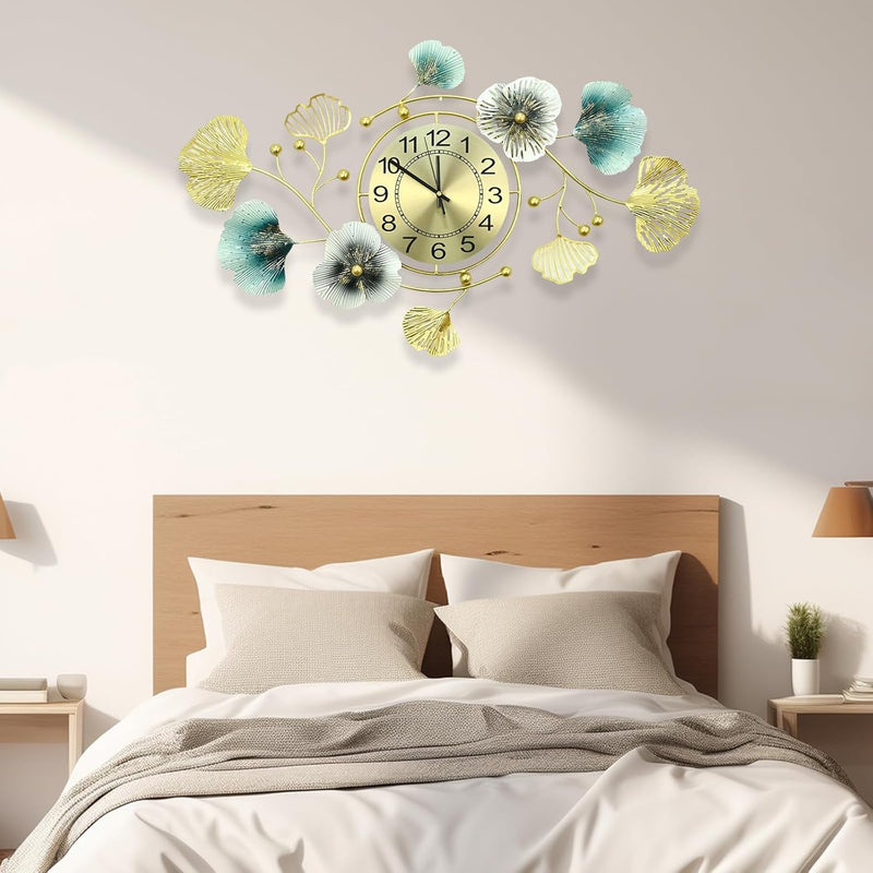 33 Inch Clocks for Living Room, Large Wall Clock, 3D Decorations Metal Ginkgo Leaf Design Silent Movement Wall Clocks for Home Wall Decor Clock