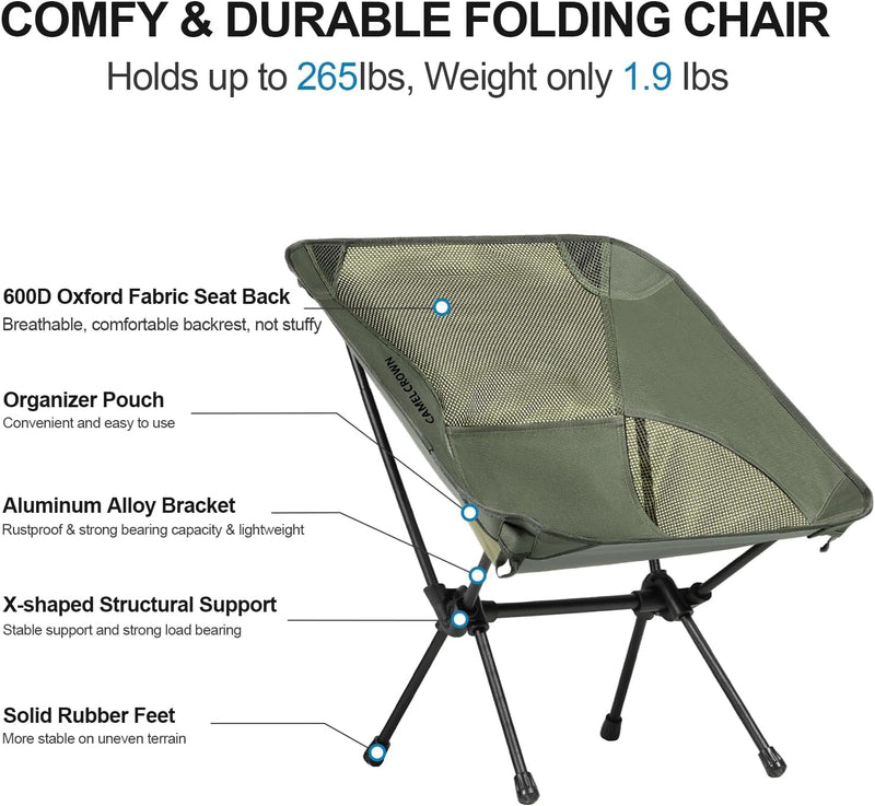 CAMEL CROWN Portable Camping Chair Lightweight Compact Folding Chair Mesh for Outdoor Camp Travel Beach Picnic Festival Hiking Backpacking Army Green