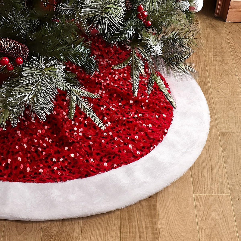 Christmas Tree Skirt, 48 Inches, Sparkling Red Sequin with White Faux Fur, for Xmas Holiday Home Decorations Christmas Decor (48 Inches)