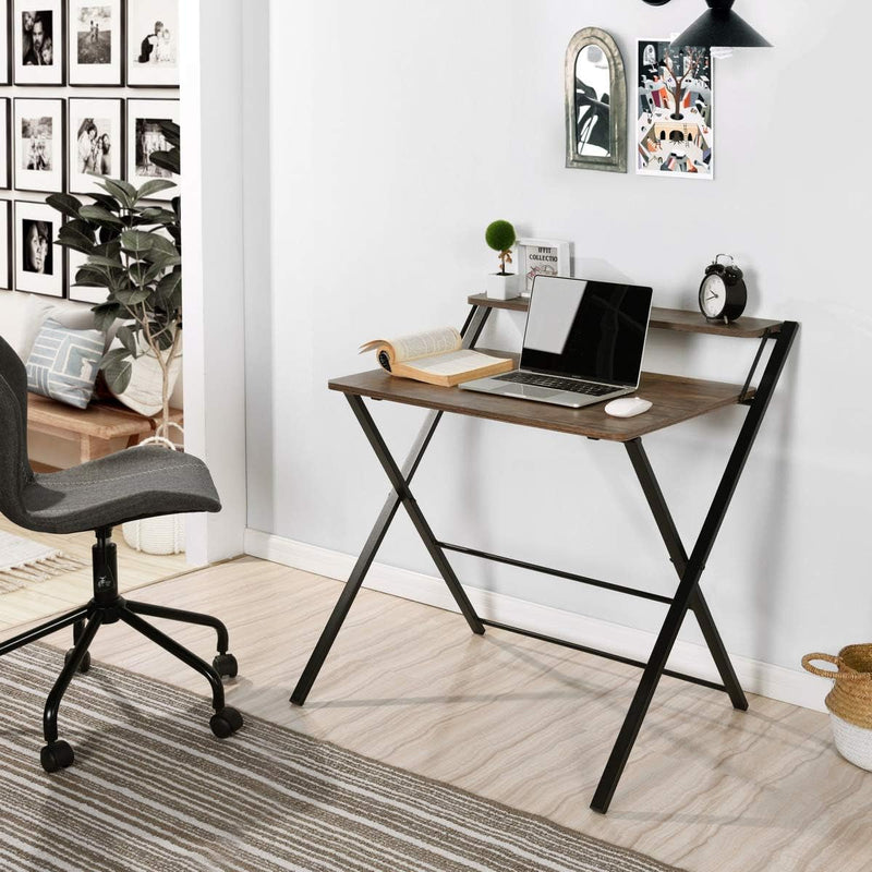 31.9'' Folding 2 Tier Foldable Assembly Saves Space for Home Office Study, Metal Frames/Wood Top Laptop Table, Brown Computer Desk