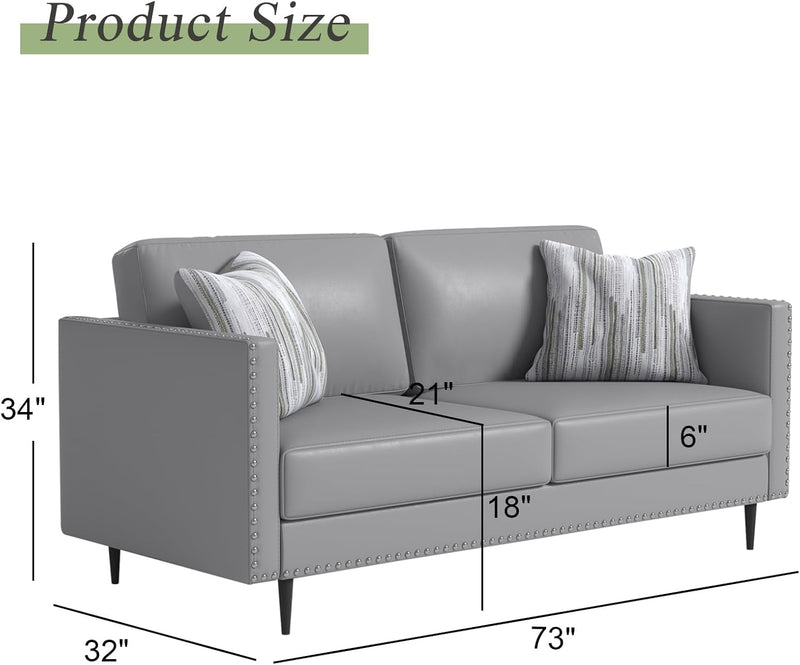 CANMOV Modern Loveseat Sofa Set for Living Room, Love Seats Furniture Set for Small Spaces, Upholstered Faux Leather Loveseat Sofa Couch Set with 4 Pillows, Nailhead Trim, Gray