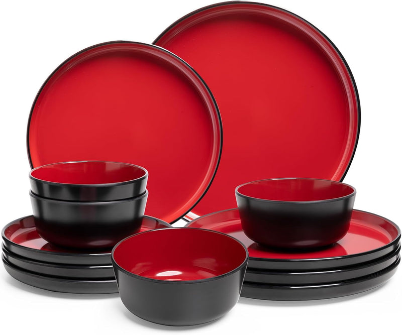 12-Piece Dinnerware Sets for 4 - Dinner Plates, Dessert Plates, Cereal Bowls, Lightweight Melamine Plates and Bowls Sets, RV, Kitchen Dishes for Outdoor Use, Red and Black