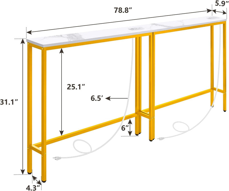 ELYKEN 2 Pack 5.9" Narrow Console Sofa Table with Power Outlets and USB Port, 5.9" Dx39.4 Wx31.1 H Marble Texture Skinny Couch Table with Golden Metal Frame