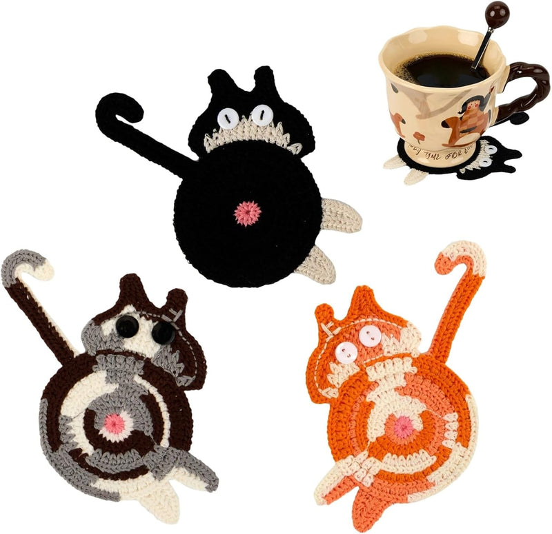 Cat Gifts for Cat Lovers 3PCS Cat Coaster Woven Creative Cute Cat Coaster Insulation Coaster Coffee and Tea Coaster Desktop Gifts