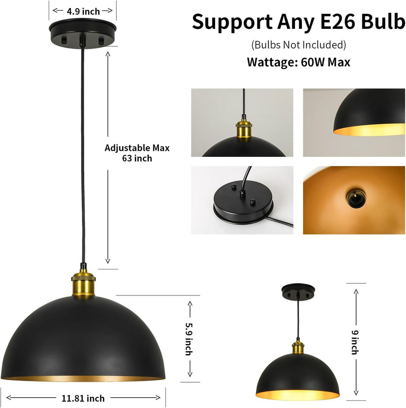 Chandelier Ceiling Light Fixture 11.8 Inch Pendant Lights Kitchen Island Hanging Lamp Ceiling Lighting Modern Black and Gold Farmhouse Vintage Lamp Shade Industrial Lantern Dome Light
