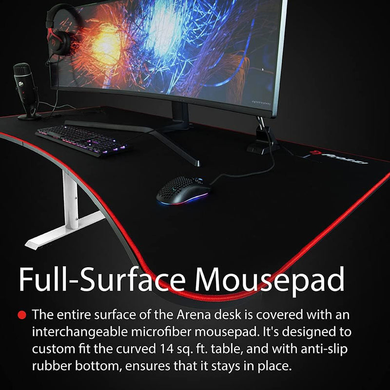 Arozzi Arena Ultrawide Curved Gaming and Office Desk with Full Surface Water Resistant Desk Mat Custom Monitor Mount Cable Management Cut Outs under the Desk Cable Management Netting - White