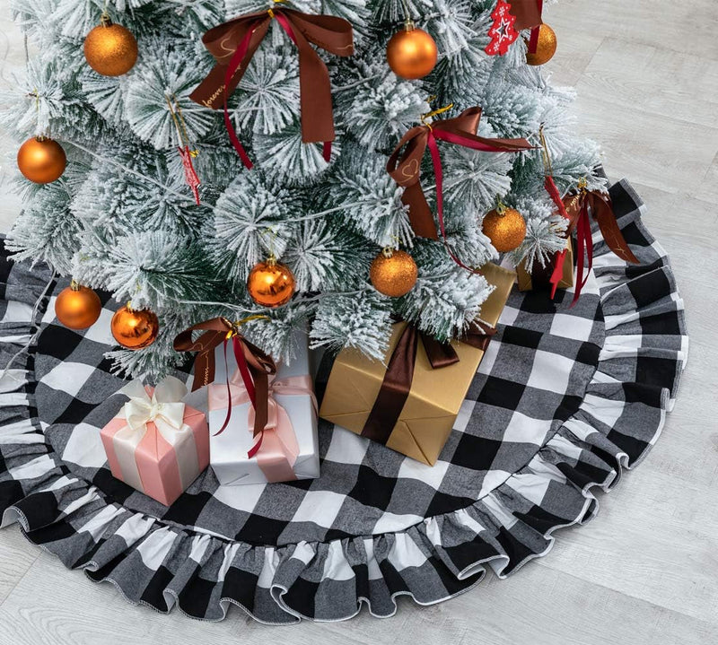 48 Inch Buffalo Plaid Christmas Tree Skirt Large Black White Plaid Tree Skirt Xmas Ornaments for Christmas Holiday Party Decorations (Ruffle-Black White)